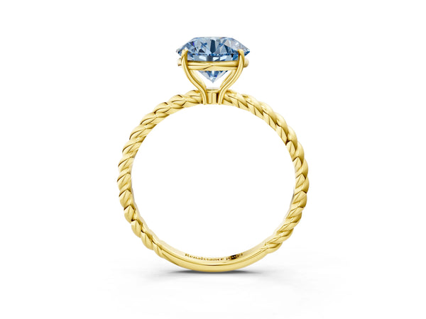 Yellow gold Fancy Blue Round Cut Solitaire Twisted Band 4-Prong Ring