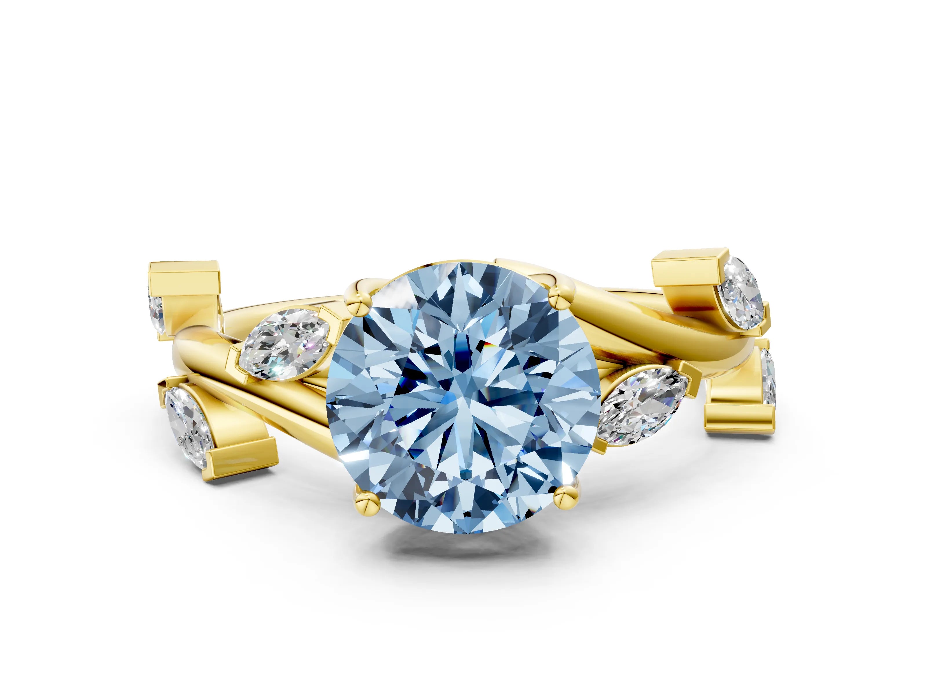 Yellow gold Fancy Blue Round Cut Solitaire Twisted Band Marquise Accent Prong Setting Ring
