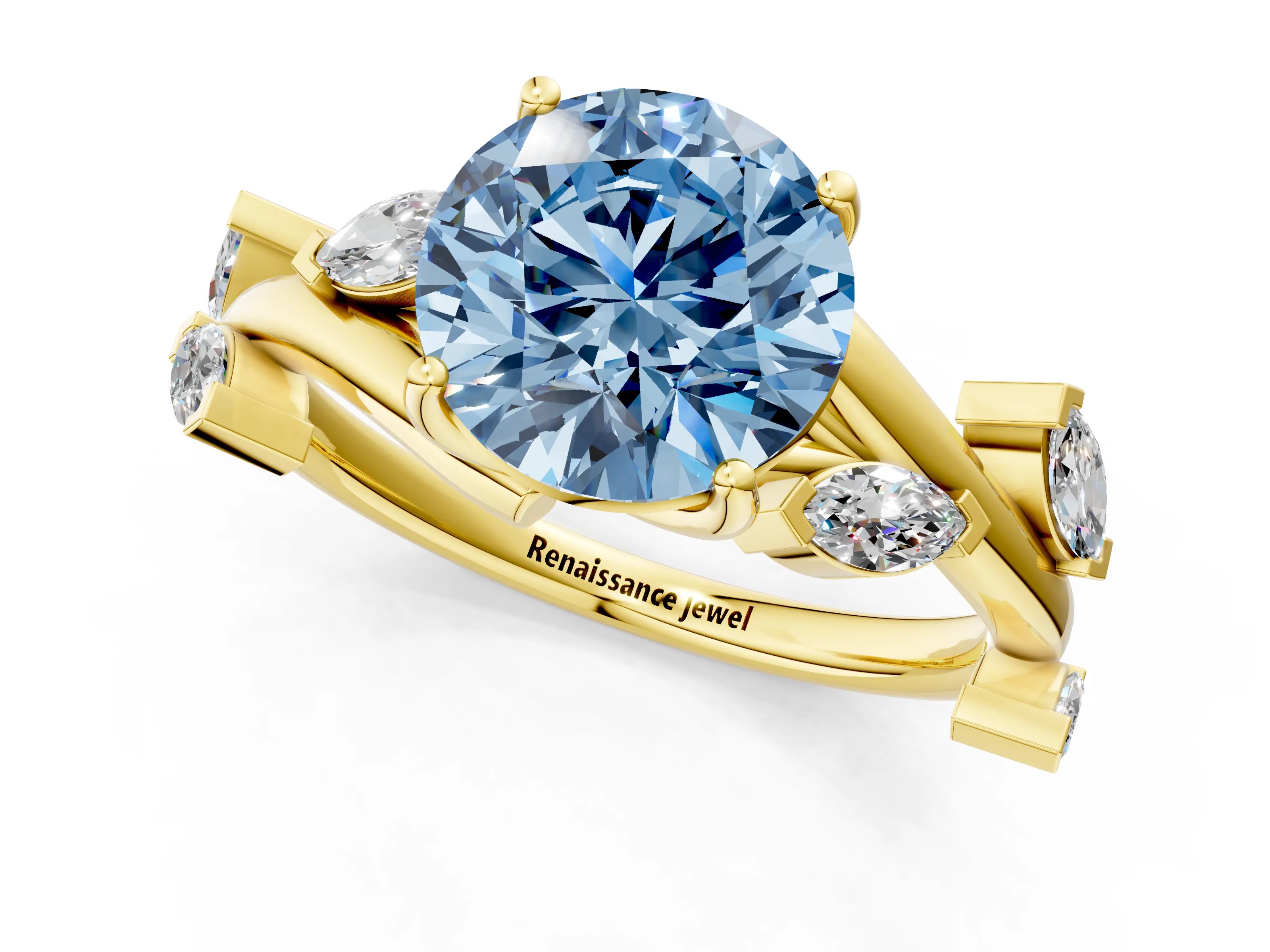 Yellow gold Fancy Blue Round Cut Solitaire Twisted Band Marquise Accent Prong Setting Ring_1