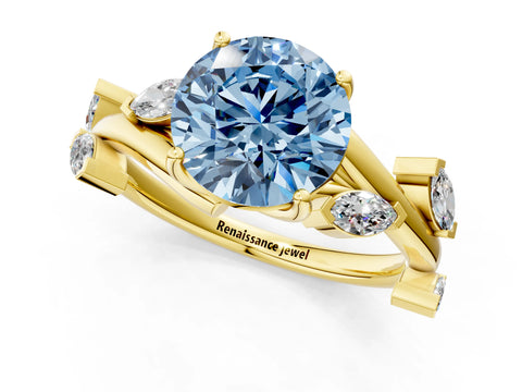 Yellow gold Fancy Blue Round Cut Solitaire Twisted Band Marquise Accent Prong Setting Ring_1