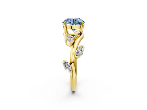 Yellow gold Fancy Blue Round Cut Solitaire Twisted Band Marquise Accent Prong Setting Ring_2