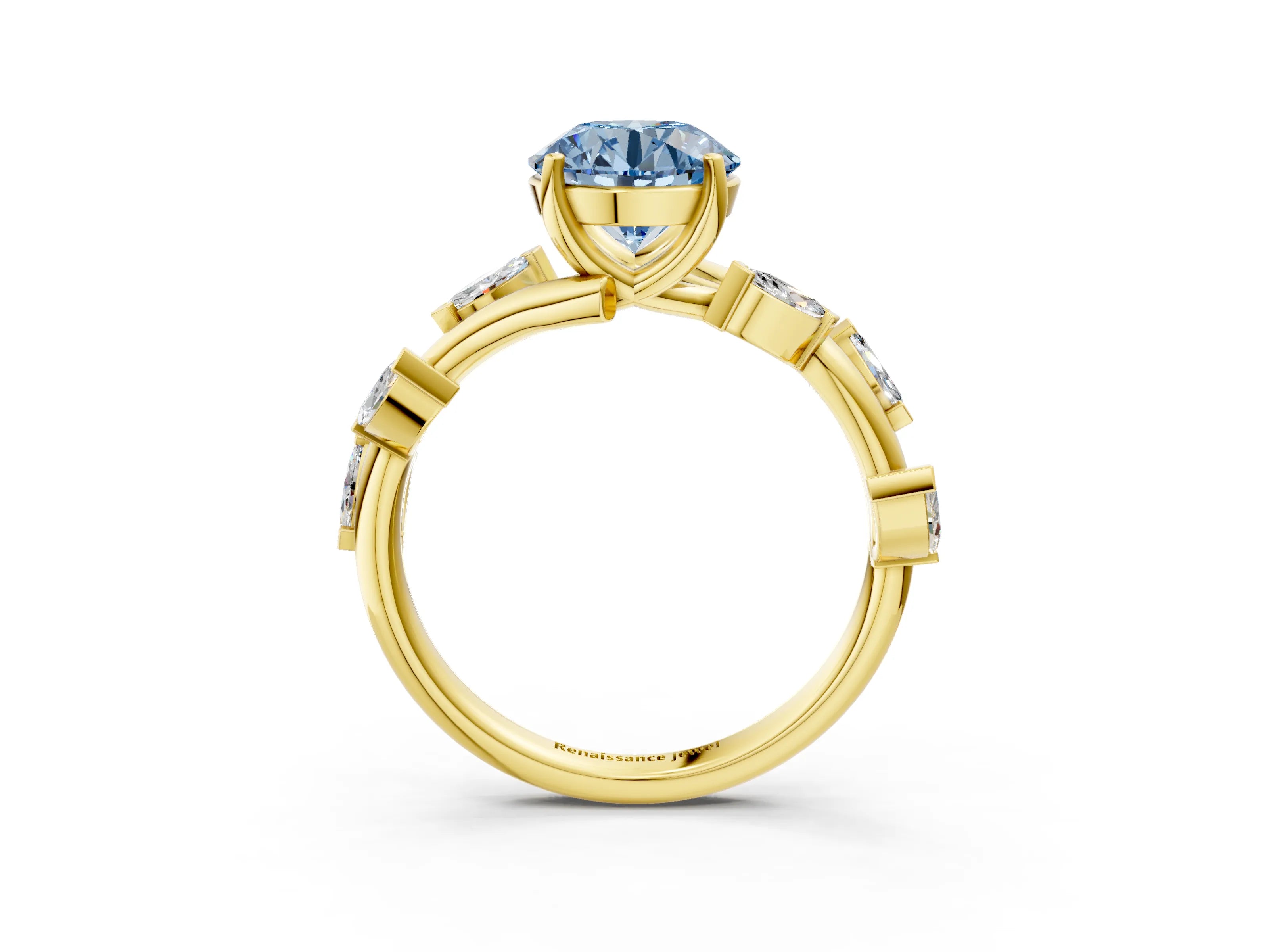Yellow gold Fancy Blue Round Cut Solitaire Twisted Band Marquise Accent Prong Setting Ring_3