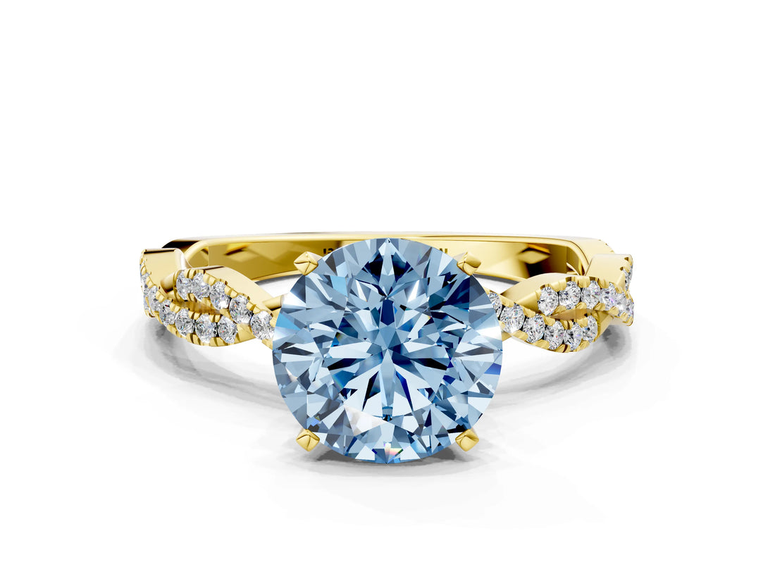 Yellow gold Fancy Blue Round Cut Solitaire Twisted Pave Band with Four-Prong Setting_3