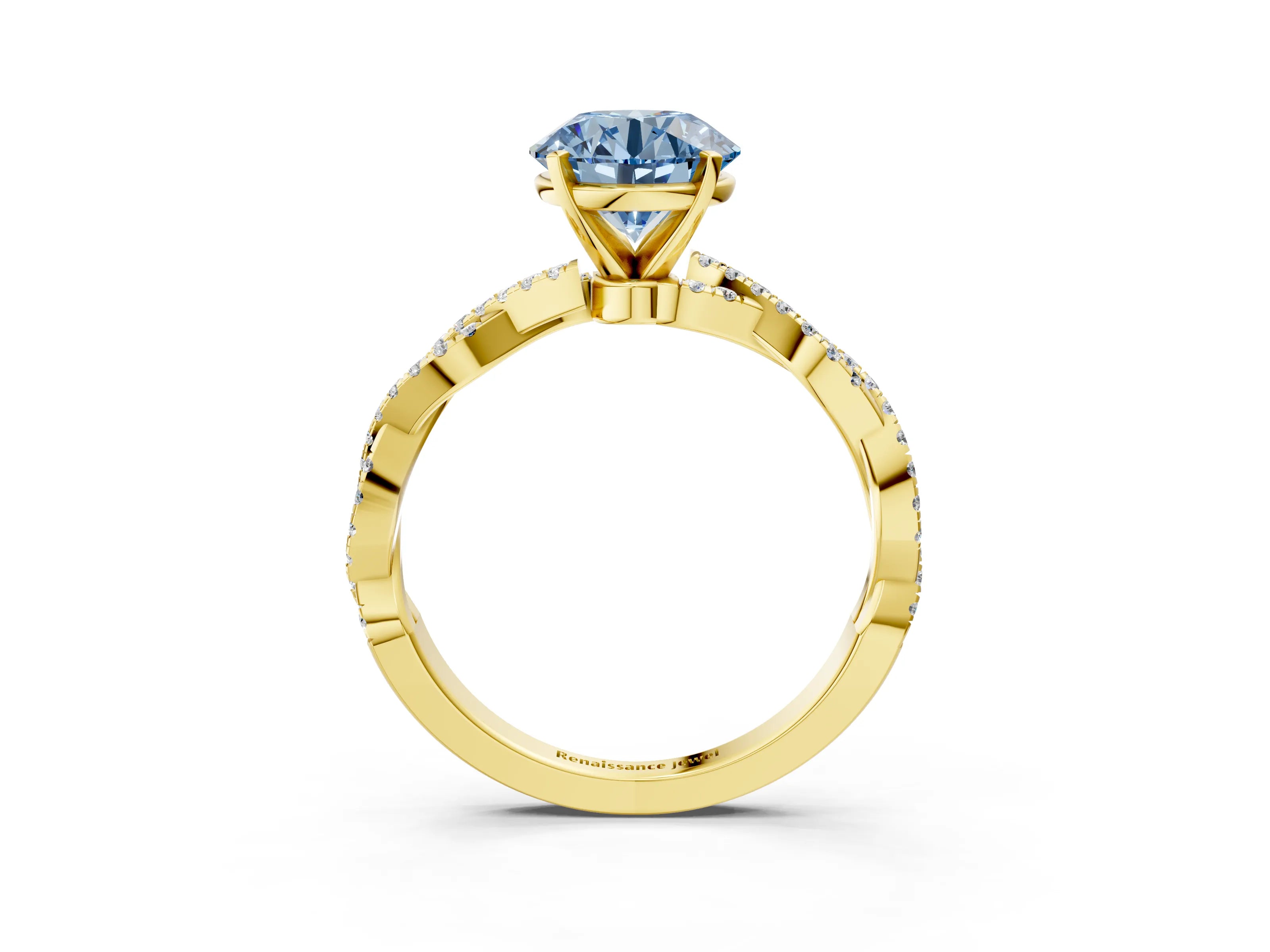 Yellow gold Fancy Blue Round Cut Solitaire Twisted Pave Band with Four-Prong Setting_6