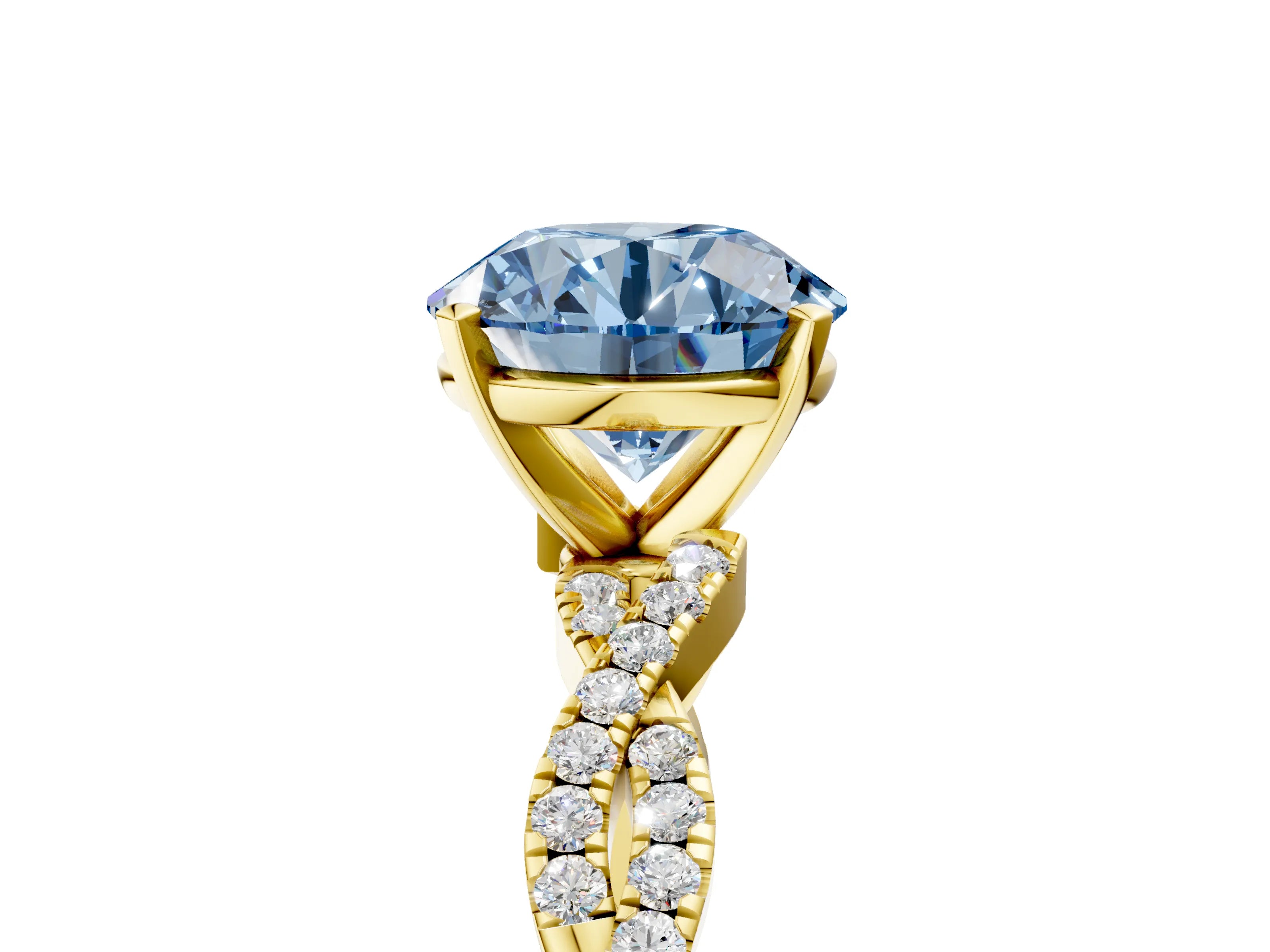 Yellow gold Fancy Blue Round Cut Solitaire Twisted Pave Band with Four-Prong Setting_8