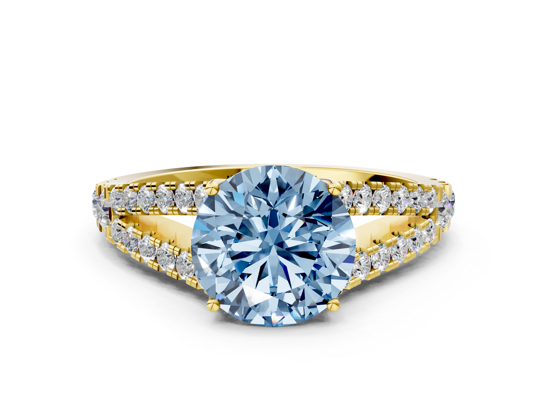 Yellow gold Fancy Blue Round  Cut Split Shank Pave Diamond Engagement Ring with Four-Prong Setting_24
