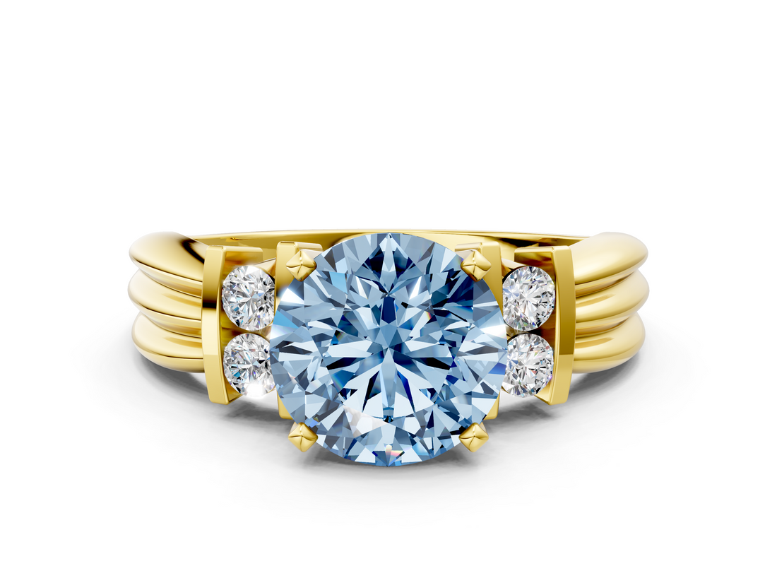 Yellow gold Fancy Blue Round  Cut Three-Stone Channel Set Ring with Bar Prongs_47