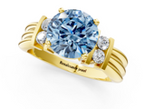 Yellow gold Fancy Blue Round  Cut Three-Stone Channel Set Ring with Bar Prongs_48