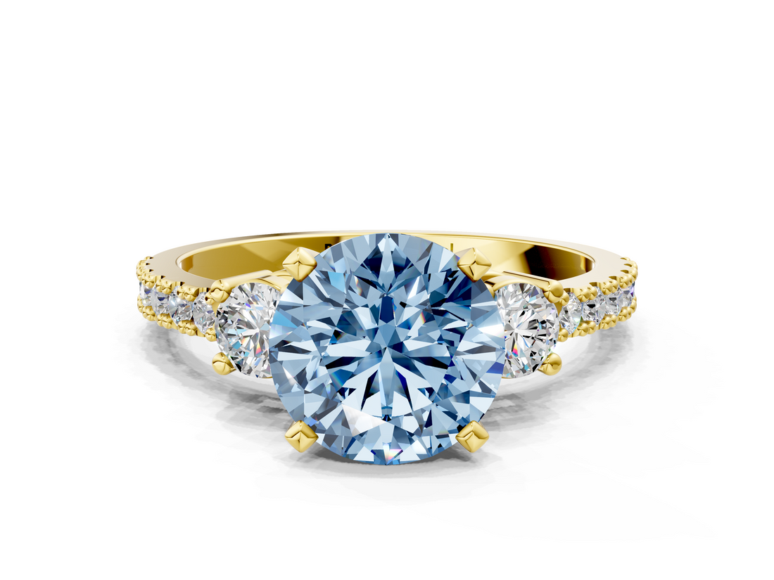 Yellow gold Fancy Blue Round  Cut Three-Stone Diamond Pavé Band with Prong Setting_16