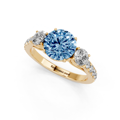 Yellow gold Fancy Blue Round  Cut Three-Stone Diamond Pave Band with Prong Setting_3