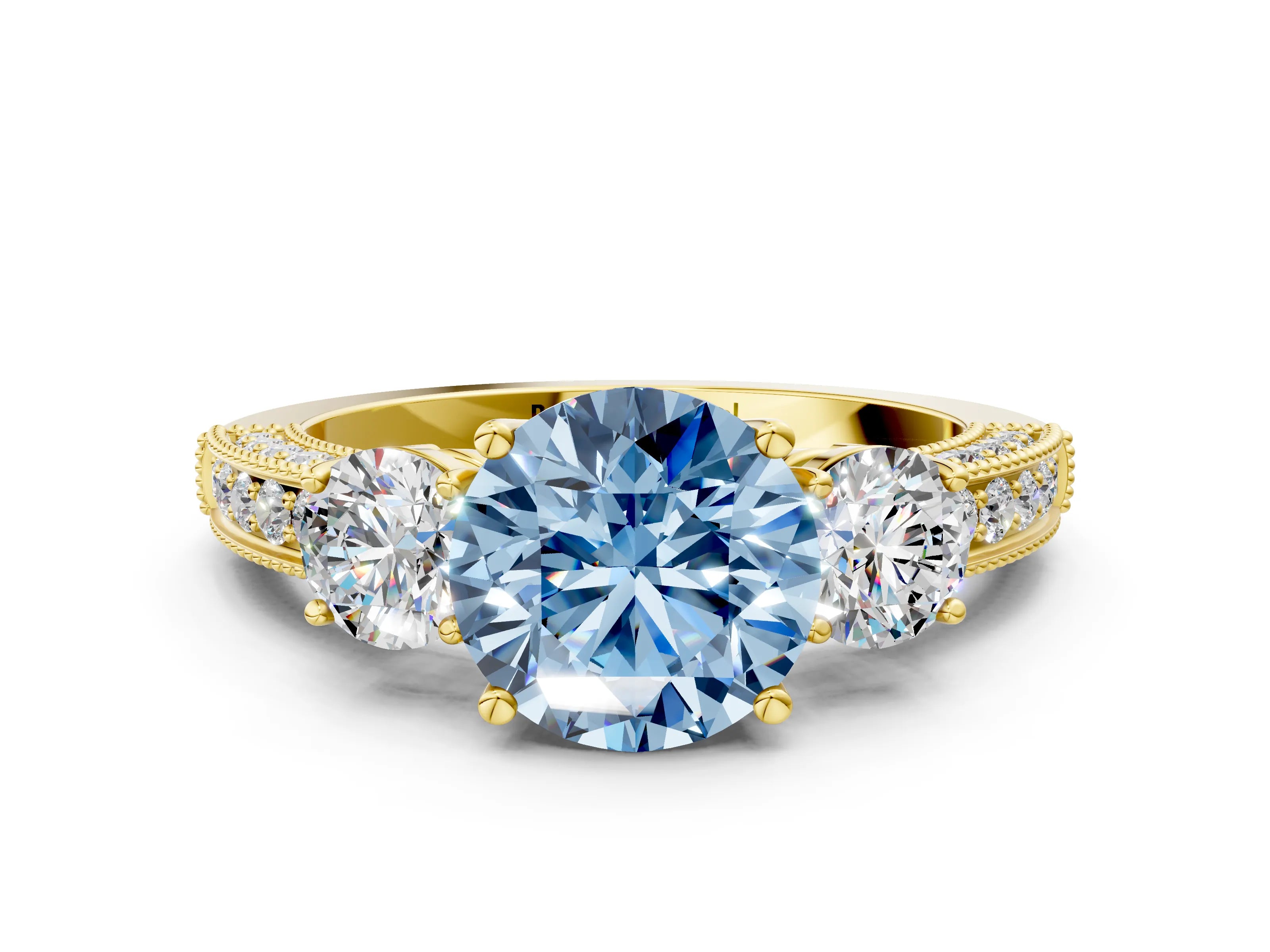 Yellow gold Fancy Blue Round Cut Three-Stone Diamond Ring with Pavé Band and Four-Prong Setting