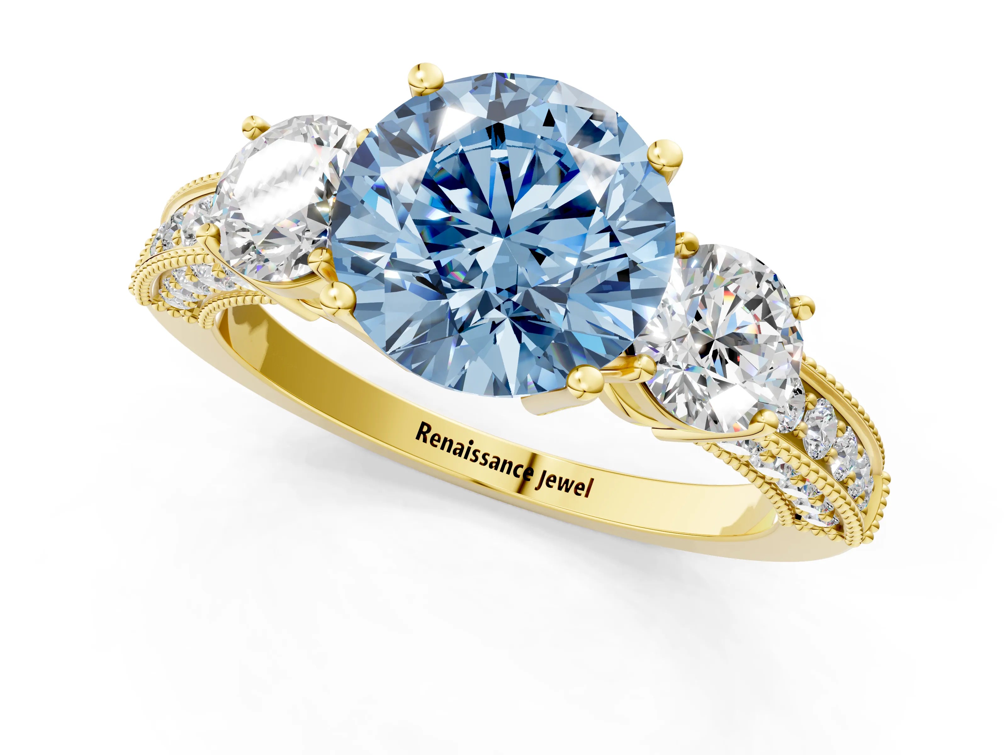 Yellow gold Fancy Blue Round Cut Three-Stone Diamond Ring with Pavé Band and Four-Prong Setting_1