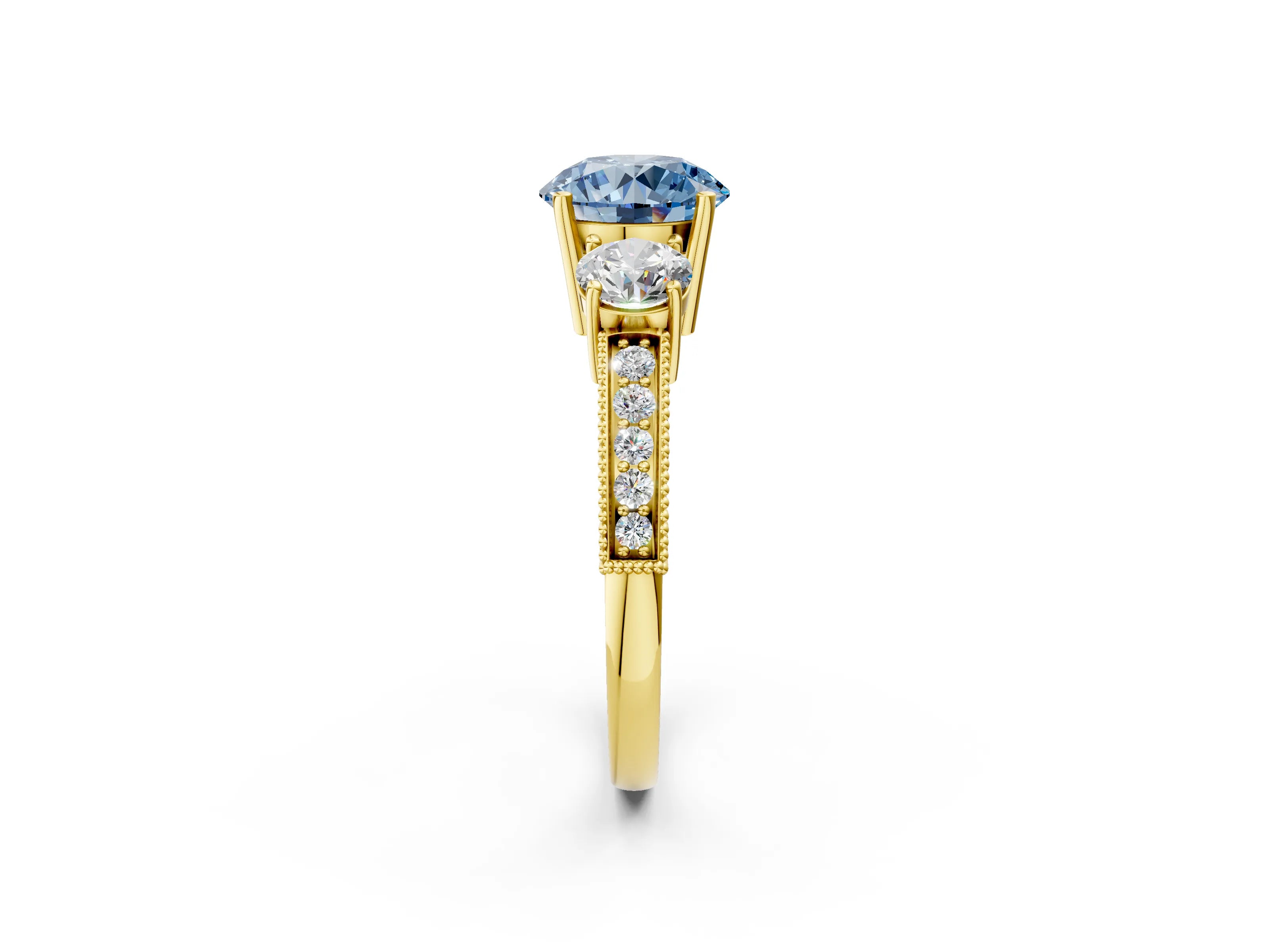 Yellow gold Fancy Blue Round Cut Three-Stone Diamond Ring with Pavé Band and Four-Prong Setting_2
