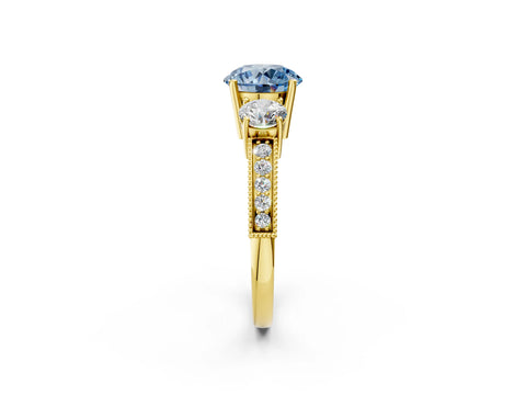 Yellow gold Fancy Blue Round Cut Three-Stone Diamond Ring with Pavé Band and Four-Prong Setting_2