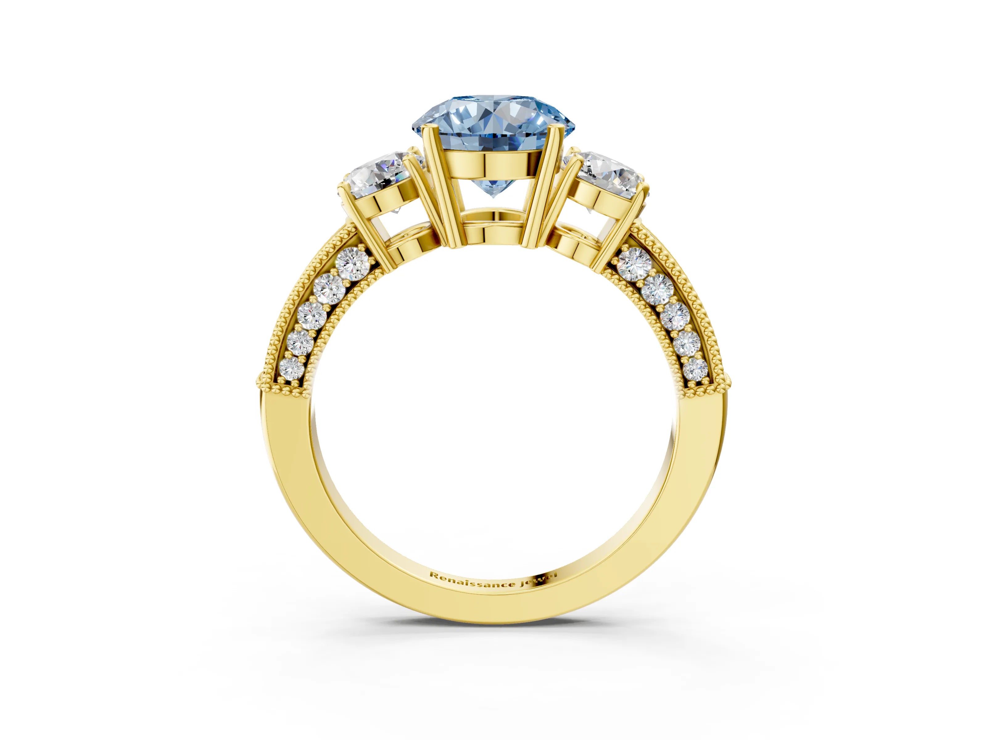 Yellow gold Fancy Blue Round Cut Three-Stone Diamond Ring with Pavé Band and Four-Prong Setting_3