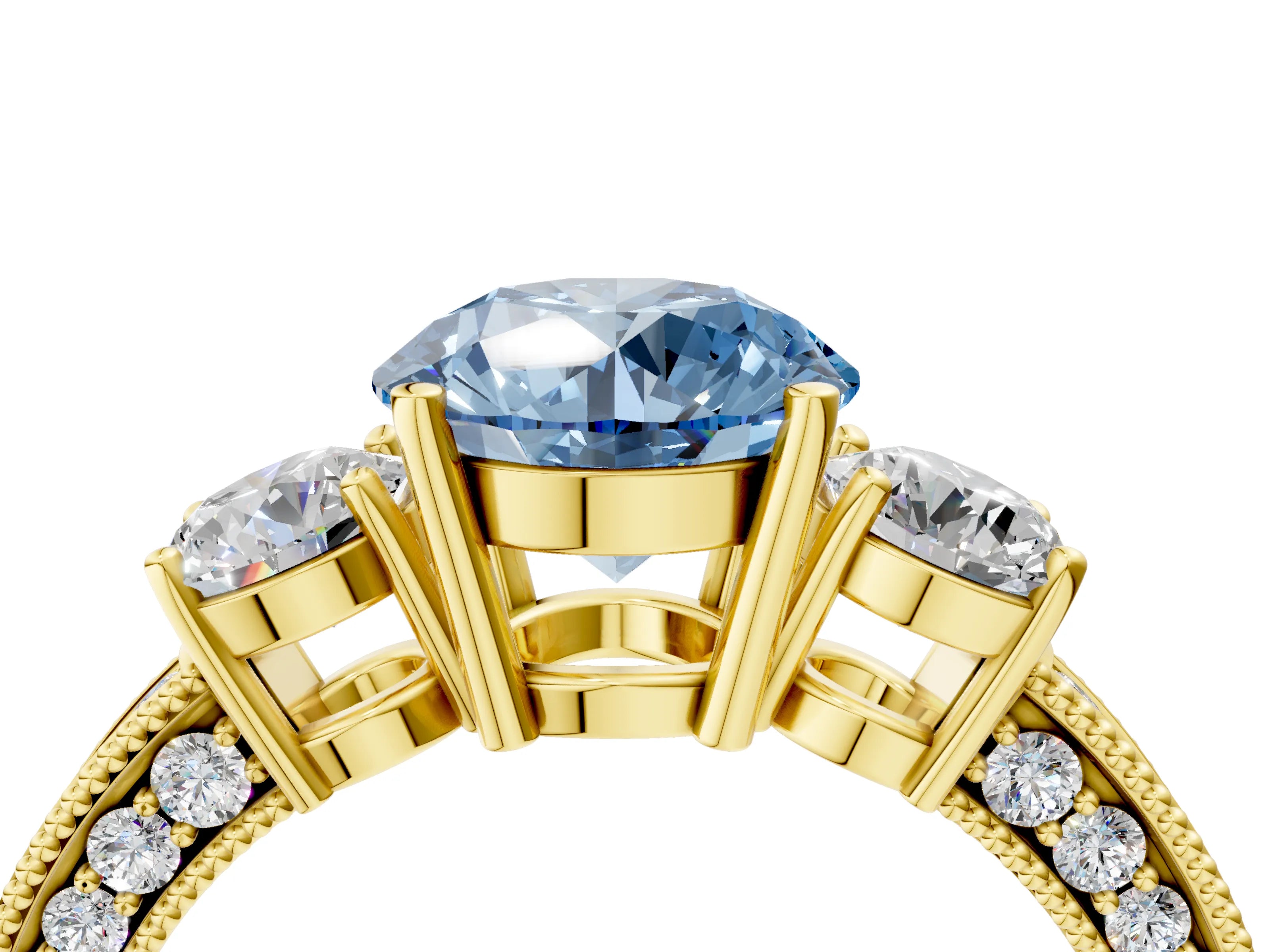 Yellow gold Fancy Blue Round Cut Three-Stone Diamond Ring with Pavé Band and Four-Prong Setting_4