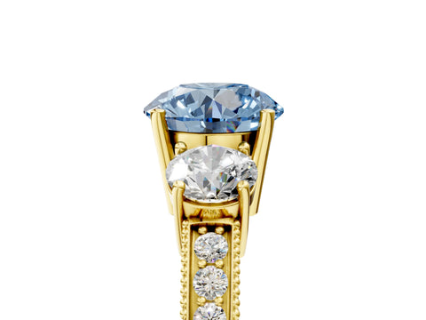 Yellow gold Fancy Blue Round Cut Three-Stone Diamond Ring with Pavé Band and Four-Prong Setting_5