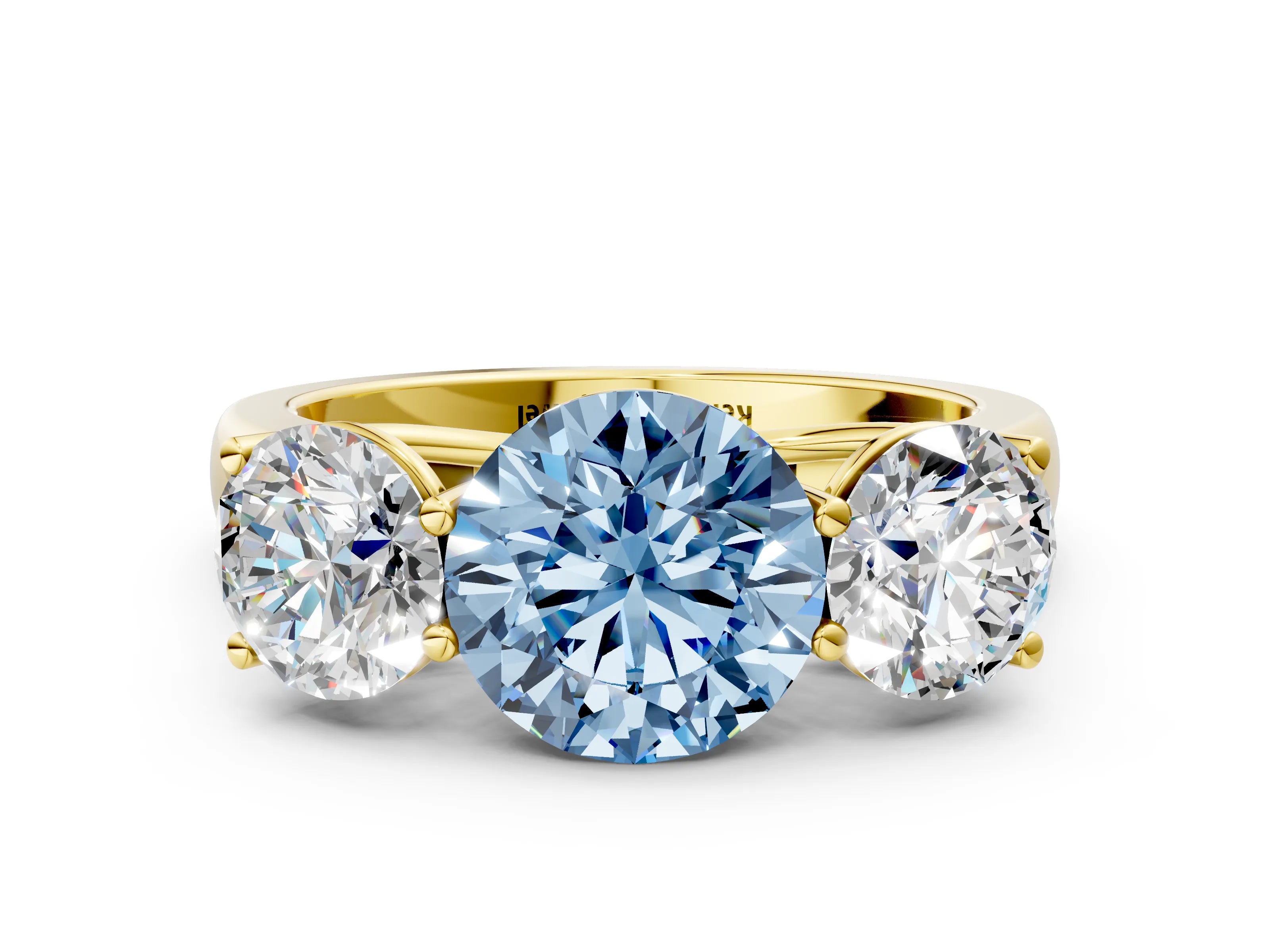 Yellow gold Fancy Blue Round Cut Three-Stone Diamond Ring with Prong Setting on a Classic Band