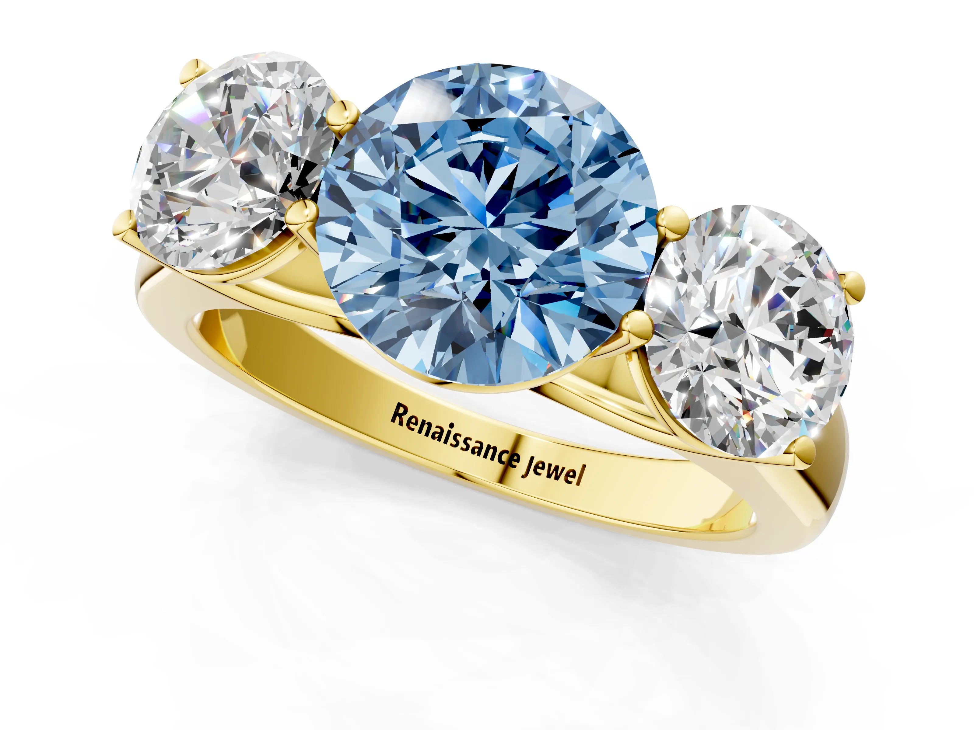 Yellow gold Fancy Blue Round Cut Three-Stone Diamond Ring with Prong Setting on a Classic Band_1