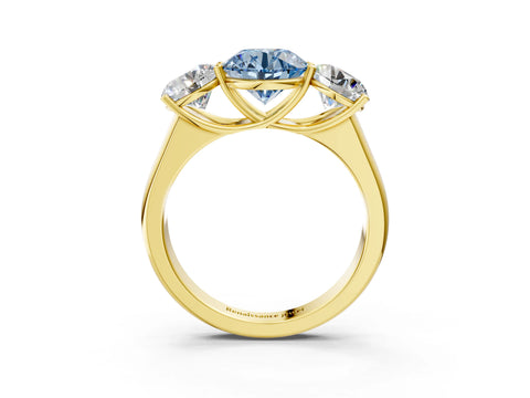 Yellow gold Fancy Blue Round Cut Three-Stone Diamond Ring with Prong Setting on a Classic Band_3