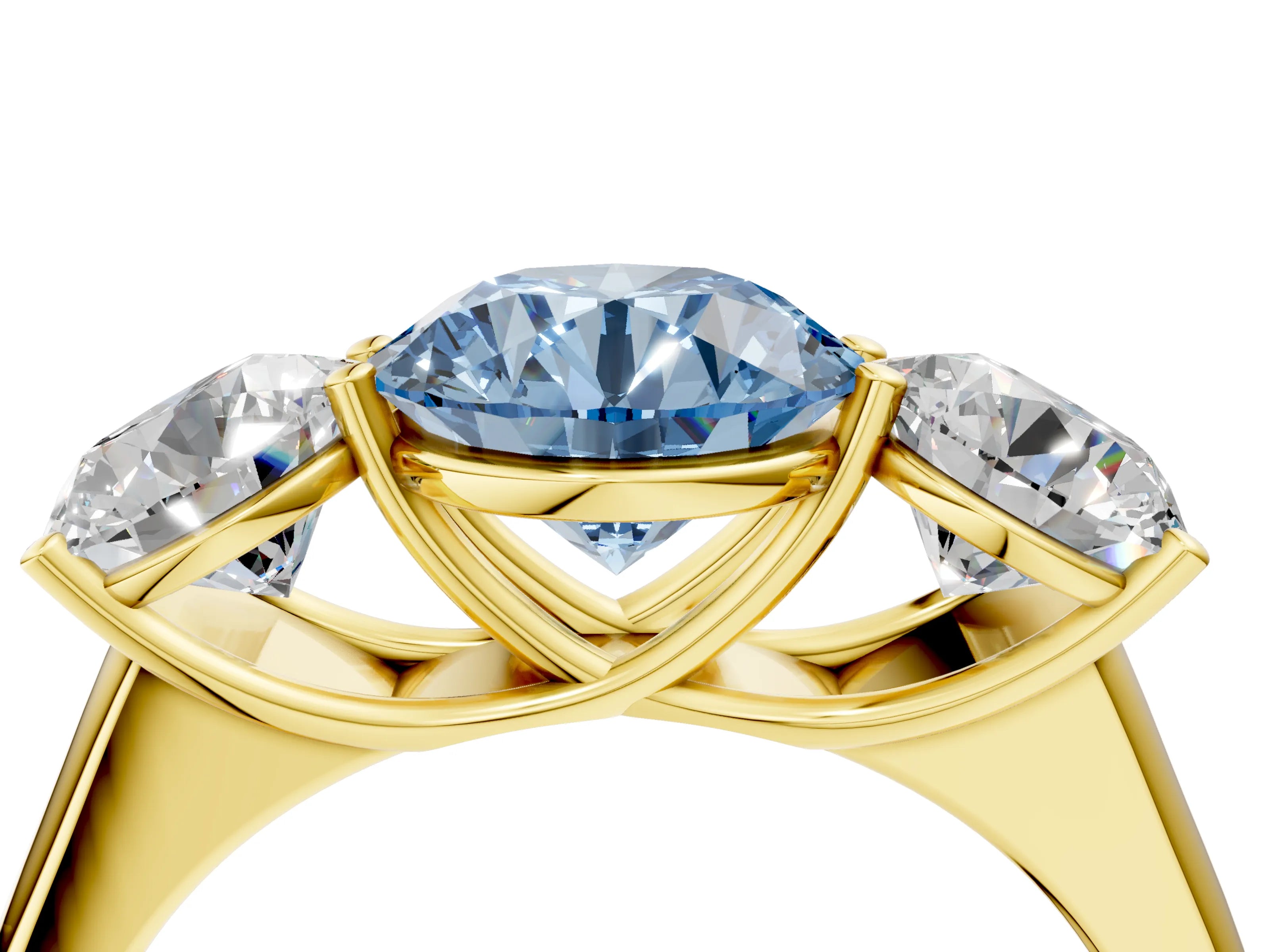 Yellow gold Fancy Blue Round Cut Three-Stone Diamond Ring with Prong Setting on a Classic Band_4