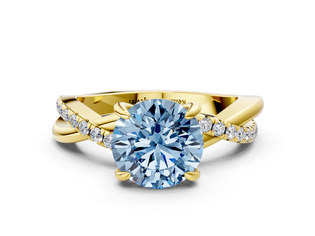 Yellow gold Fancy Blue Round  Cut Twist Band Solitaire Diamond Ring with Pavé Setting_3