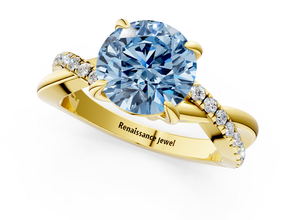 Yellow gold Fancy Blue Round  Cut Twist Band Solitaire Diamond Ring with Pavé Setting