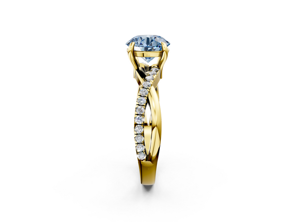 Yellow gold Fancy Blue Round  Cut Twist Band Solitaire Diamond Ring with Pavé Setting