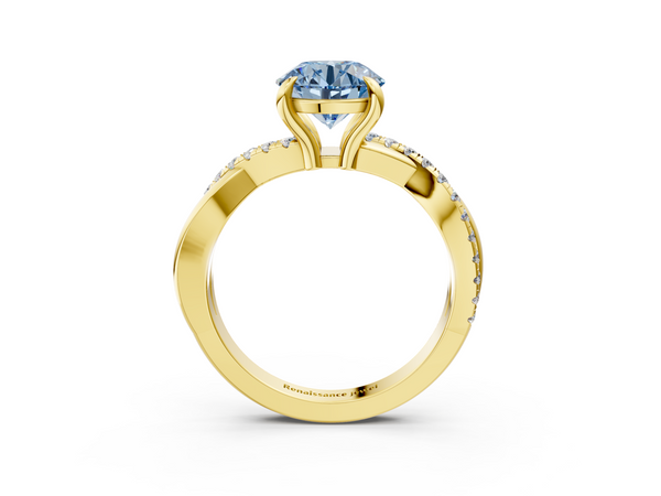 Yellow gold Fancy Blue Round  Cut Twist Band Solitaire Diamond Ring with Pavé Setting