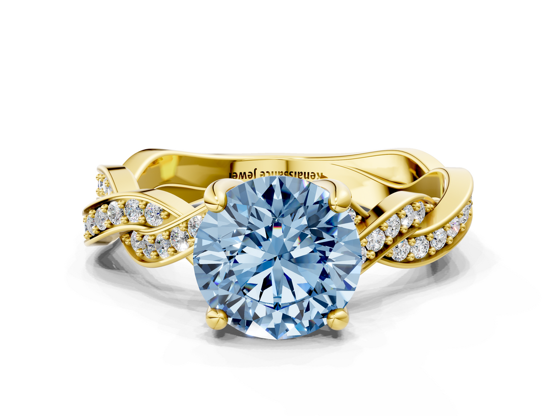 Yellow gold Fancy Blue Round  Cut Twisted Pavé Band Solitaire Ring with Four-Prong Setting_72