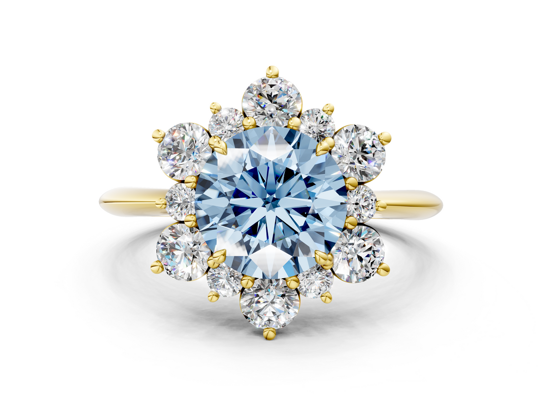 Yellow gold Fancy Blue Round  Diamond Cluster Halo Ring with Solitaire Band and Four-Prong Setting_19