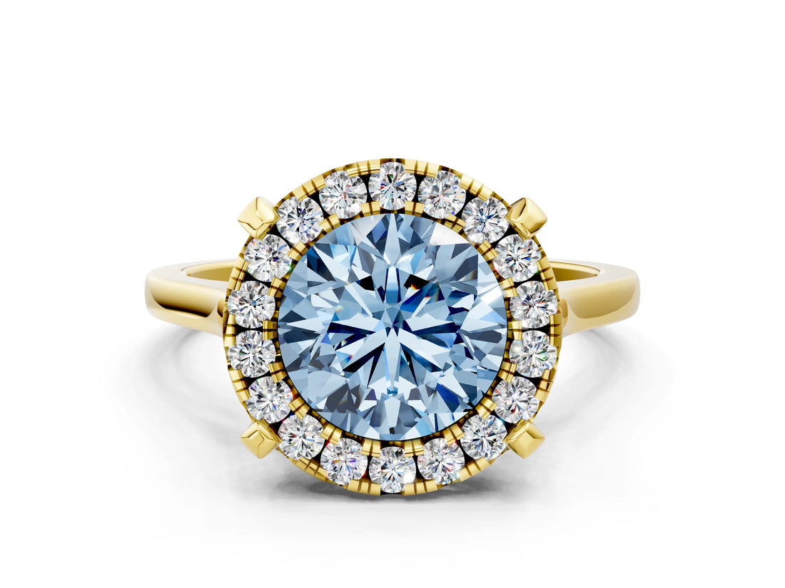 Yellow gold Fancy Blue Round  Diamond Cluster Halo Solitaire with Four-Prong Setting_77