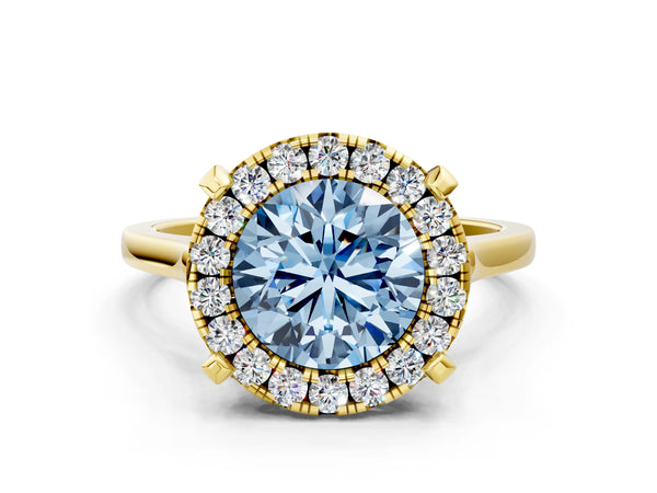 Yellow gold Fancy Blue Round  Diamond Cluster Halo Solitaire with Four-Prong Setting