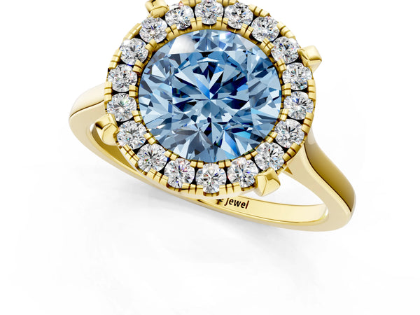 Yellow gold Fancy Blue Round  Diamond Cluster Halo Solitaire with Four-Prong Setting