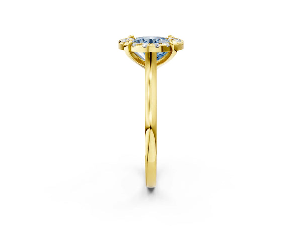 Yellow gold Fancy Blue Round  Diamond Cluster Halo Solitaire with Four-Prong Setting