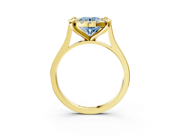 Yellow gold Fancy Blue Round  Diamond Cluster Halo Solitaire with Four-Prong Setting