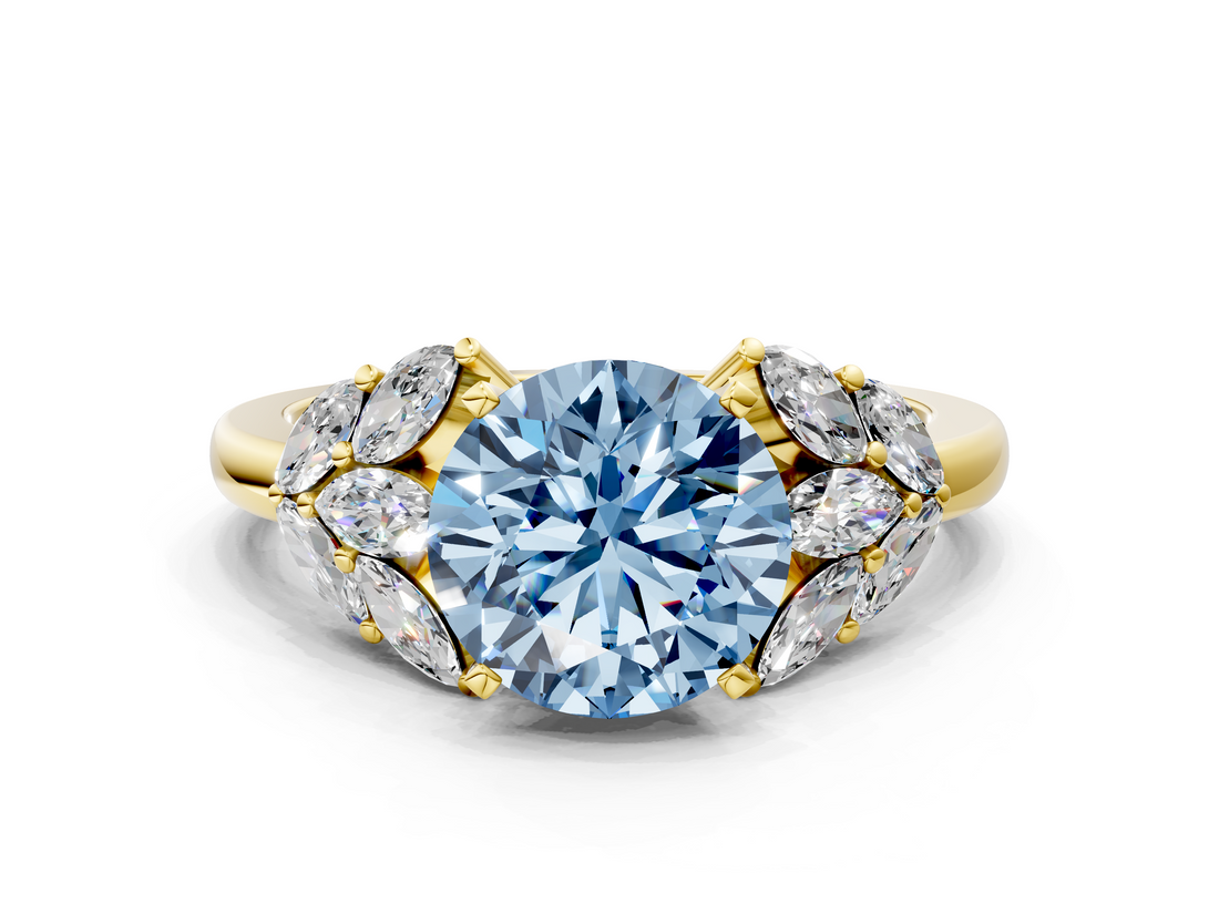Yellow gold Fancy Blue Round  Diamond Cluster Leaf Design Ring with Prong Setting_69