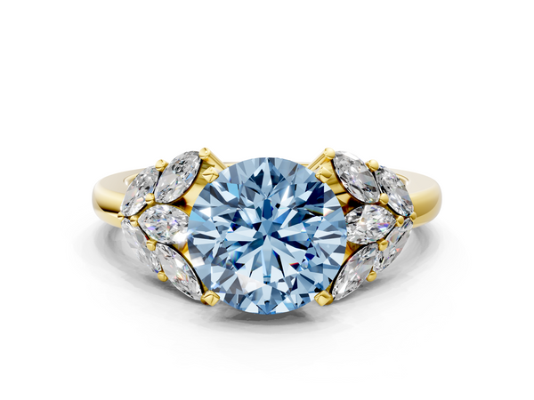 Yellow gold Fancy Blue Round  Diamond Cluster Leaf Design Ring with Prong Setting