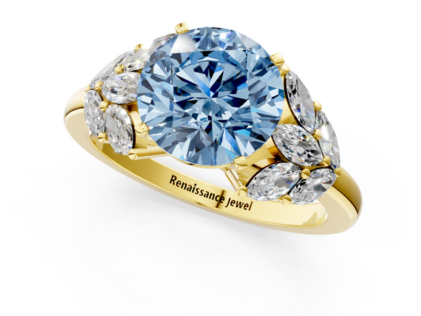 Yellow gold Fancy Blue Round  Diamond Cluster Leaf Design Ring with Prong Setting