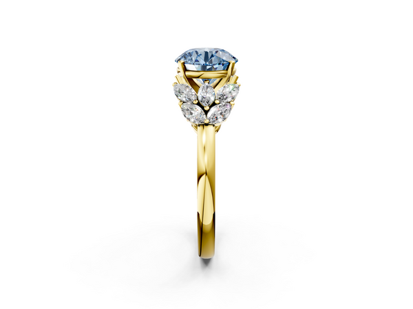 Yellow gold Fancy Blue Round  Diamond Cluster Leaf Design Ring with Prong Setting