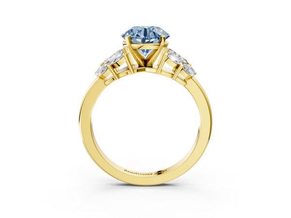 Yellow gold Fancy Blue Round  Diamond Cluster Leaf Design Ring with Prong Setting