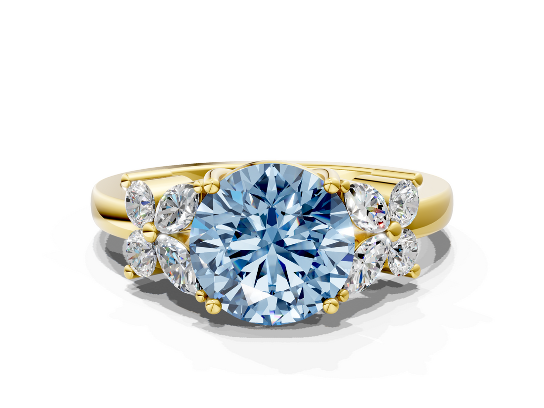 Yellow gold Fancy Blue Round  Diamond Floral Cluster Ring with Solitaire Band and Prong Setting_50