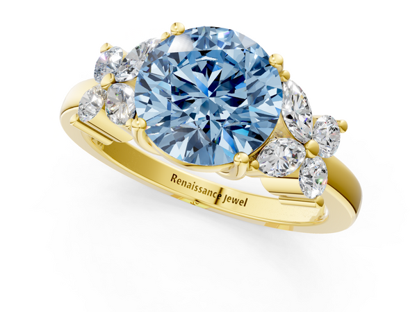 Yellow gold Fancy Blue Round  Diamond Floral Cluster Ring with Solitaire Band and Prong Setting