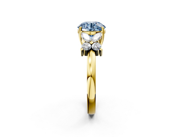 Yellow gold Fancy Blue Round  Diamond Floral Cluster Ring with Solitaire Band and Prong Setting