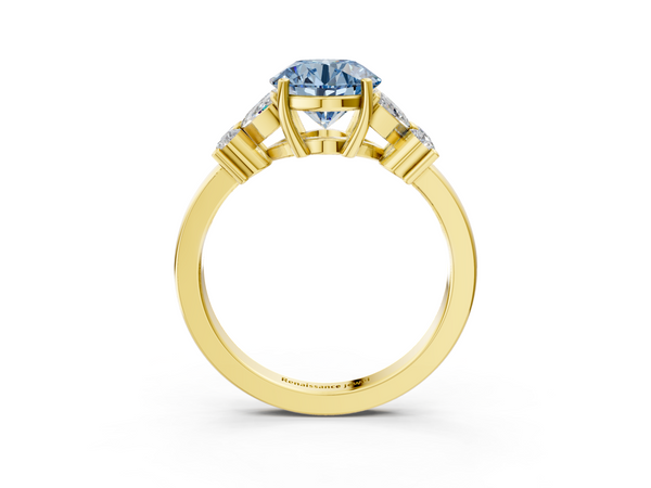 Yellow gold Fancy Blue Round  Diamond Floral Cluster Ring with Solitaire Band and Prong Setting