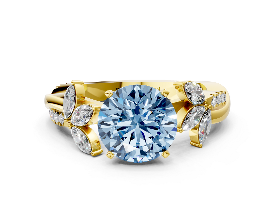 Yellow gold Fancy Blue Round  Diamond Floral Vine Solitaire Engagement Ring_3