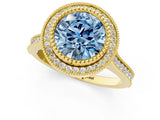 Yellow gold Fancy Blue Round  Diamond Halo Ring with Milgrain Frame and Pavé Band 1