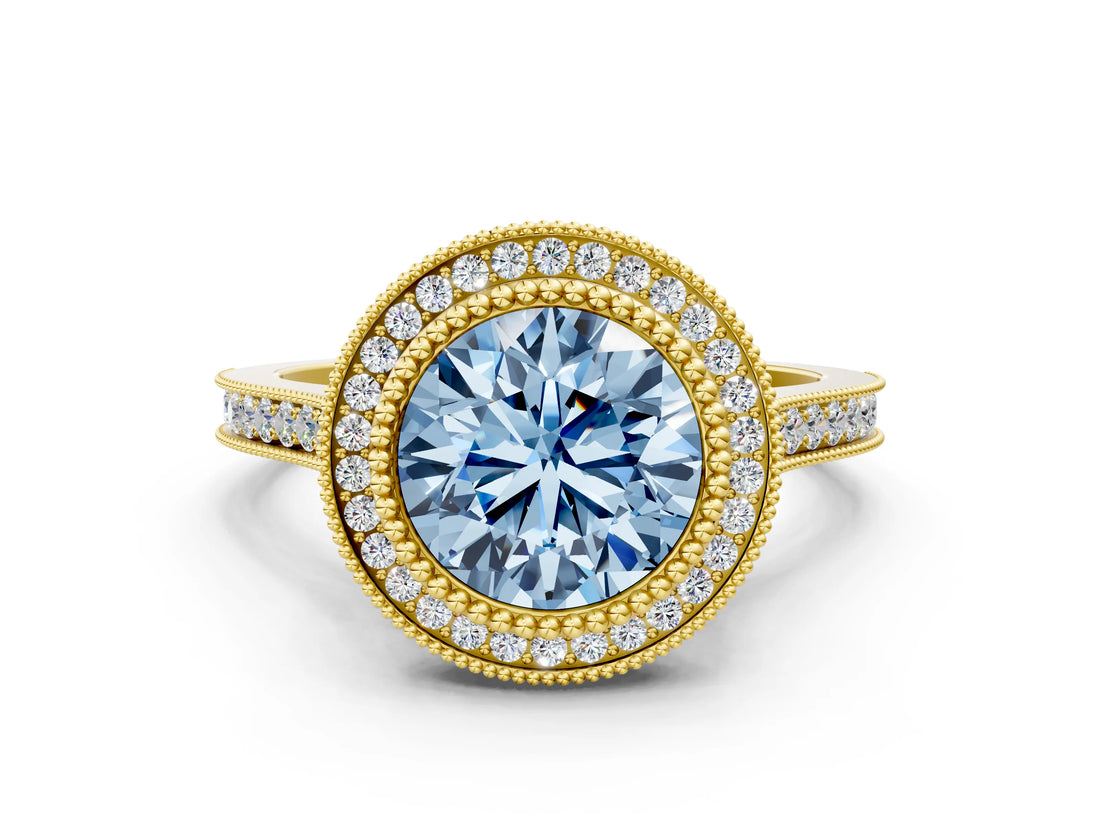 Yellow gold Fancy Blue Round  Diamond Halo Ring with Milgrain Frame and Pavé Band
