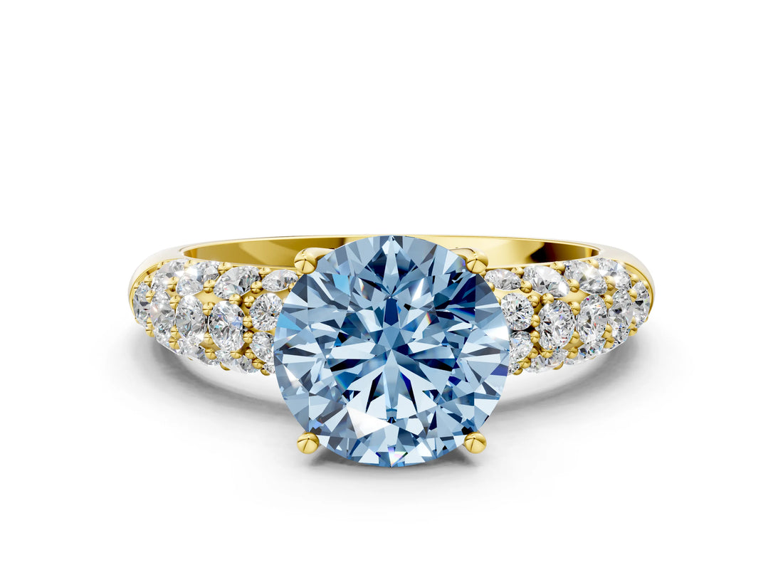 Yellow gold Fancy Blue Round  Diamond Pavé Band Solitaire Ring with Four-Prong Setting_49