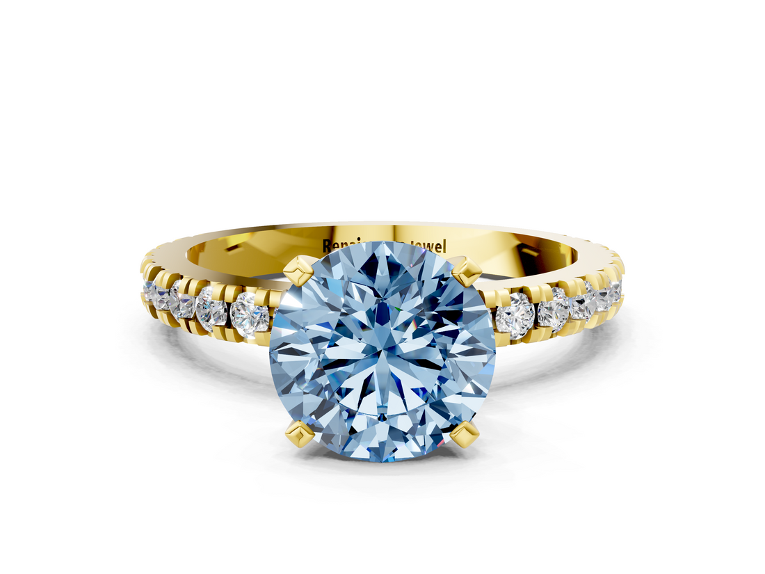 Yellow gold Fancy Blue Round  Diamond Pavé Band Solitaire with Four-Prong Setting_195
